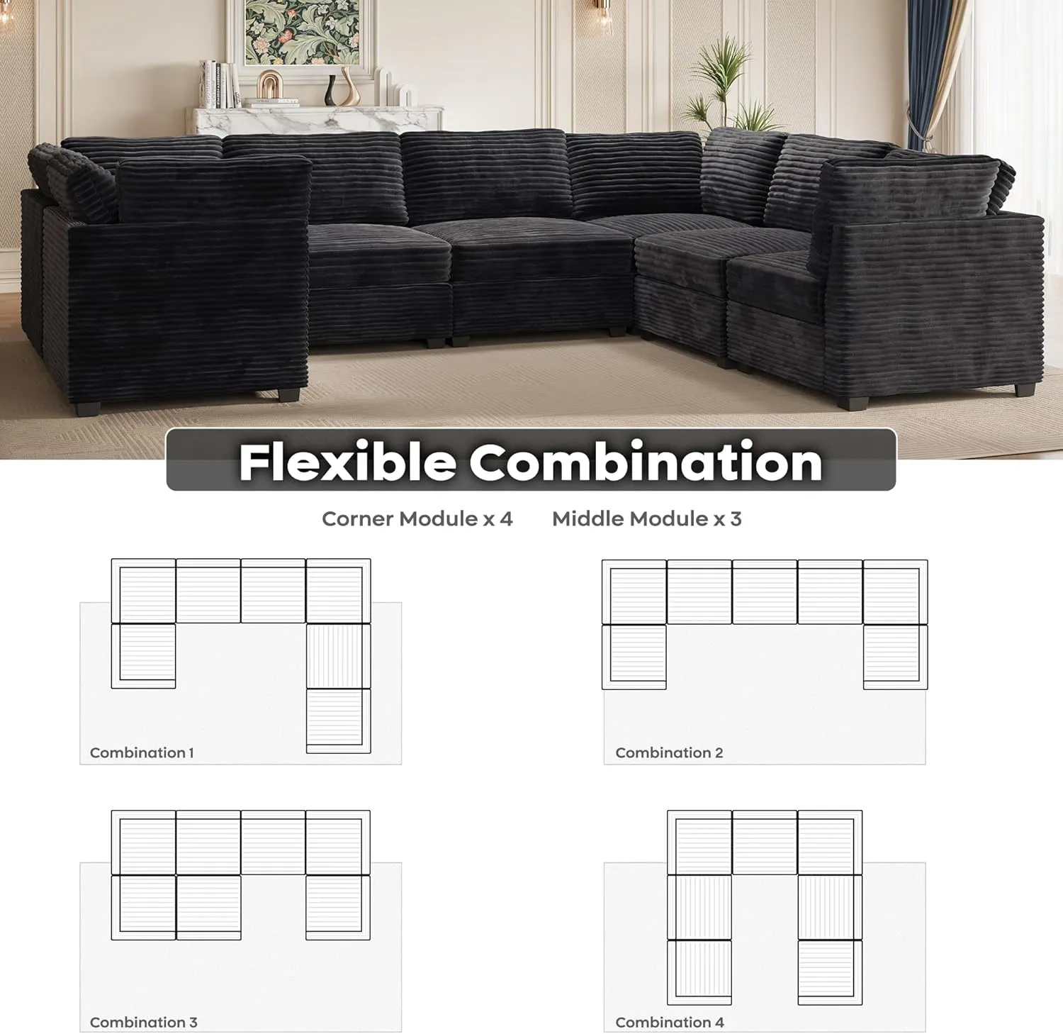 ovios 130.7" Modular Sectional Sofa Couch, U-Shaped Cloud Couches with Oversized Chaise, Modern Minimalist Deep Seat Plush Corduroy Sofas Set for Living Room, 7 Seater, Black