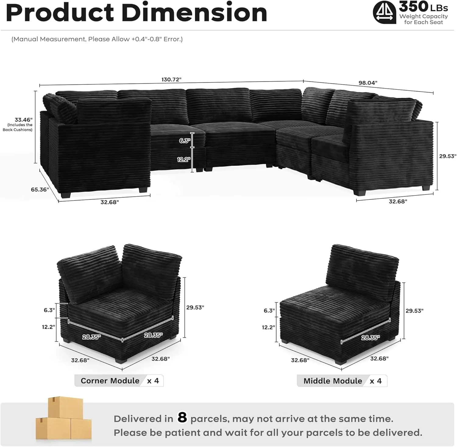 ovios 130.7" Modular Sectional Sofa Couch, U-Shaped Cloud Couches with Oversized Chaise, Modern Minimalist Deep Seat Plush Corduroy Sofas Set for Living Room, 7 Seater, Black