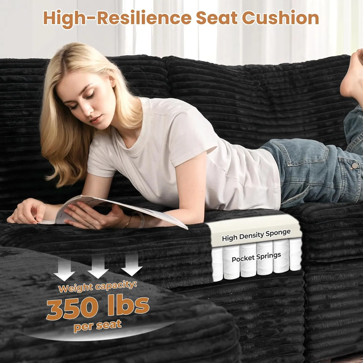 ovios 130.7" Modular Sectional Sofa Couch, U-Shaped Cloud Couches with Oversized Chaise, Modern Minimalist Deep Seat Plush Corduroy Sofas Set for Living Room, 7 Seater, Black