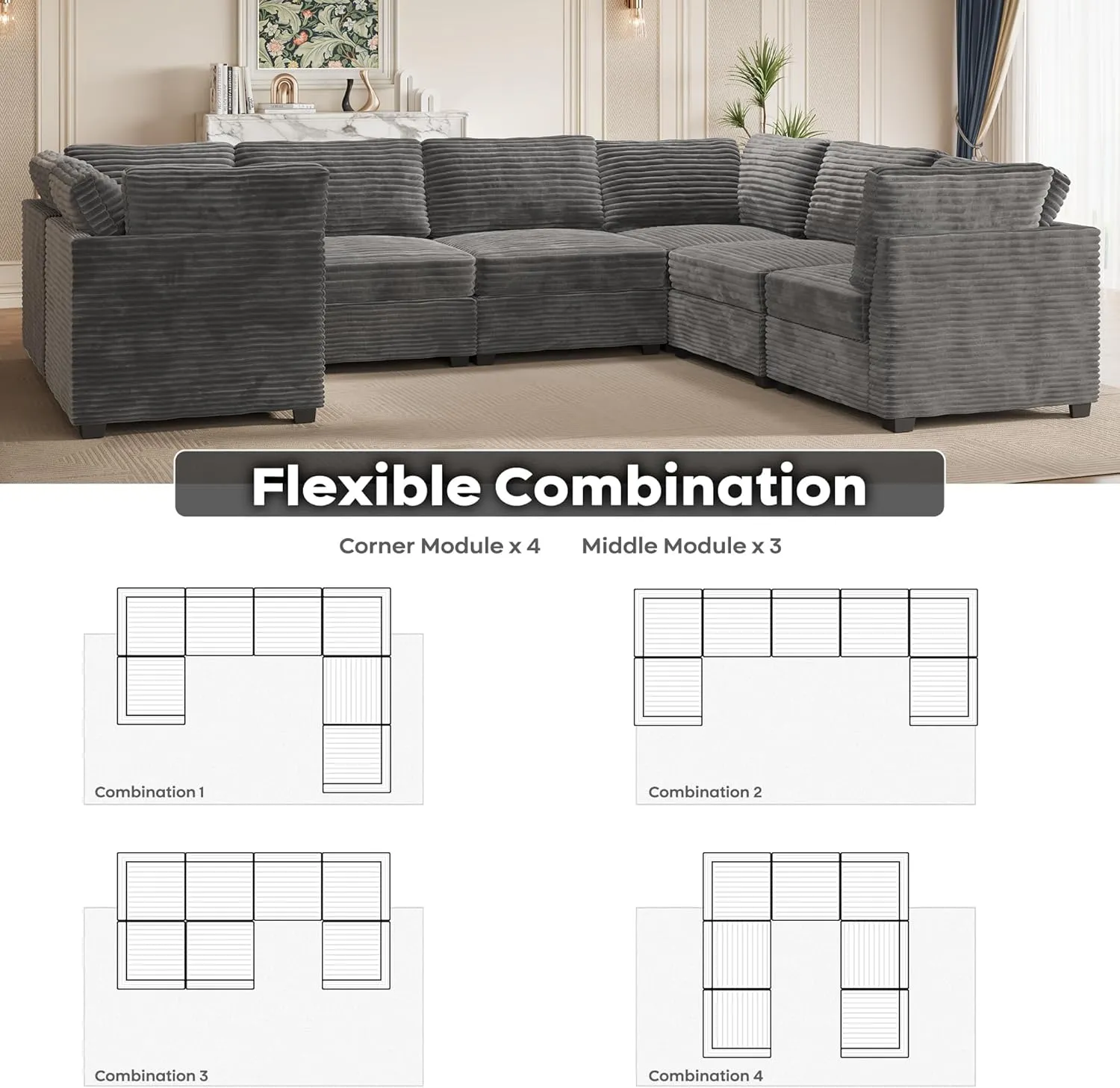 ovios 130.7" Modular Sectional Sofa Couch, U-Shaped Cloud Couches with Oversized Chaise, Modern Minimalist Deep Seat Plush Corduroy Sofas Set for Living Room, 7 Seater, Grey