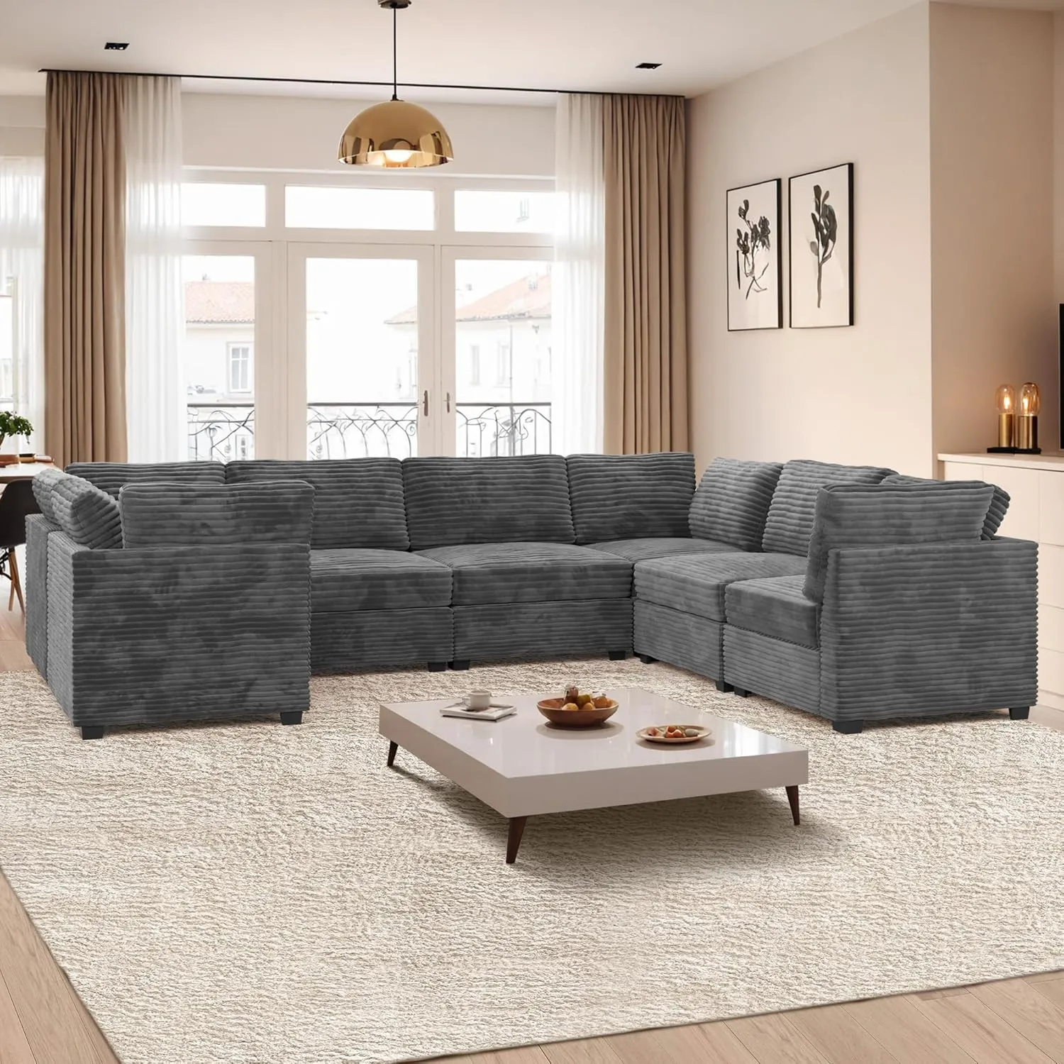 ovios 130.7" Modular Sectional Sofa Couch, U-Shaped Cloud Couches with Oversized Chaise, Modern Minimalist Deep Seat Plush Corduroy Sofas Set for Living Room, 7 Seater, Grey