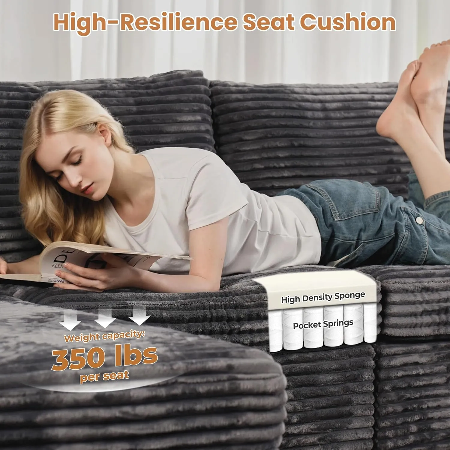 ovios 130.7" Modular Sectional Sofa Couch, U-Shaped Cloud Couches with Oversized Chaise, Modern Minimalist Deep Seat Plush Corduroy Sofas Set for Living Room, 7 Seater, Grey