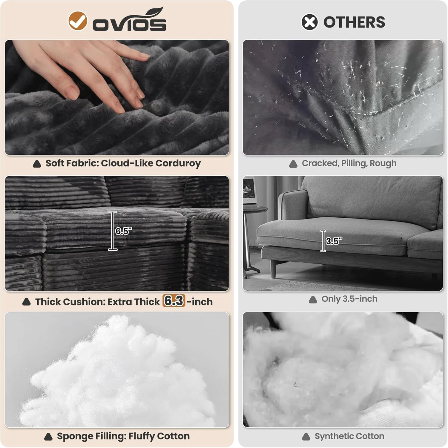 ovios 130.7" Modular Sectional Sofa Couch, U-Shaped Cloud Couches with Oversized Chaise, Modern Minimalist Deep Seat Plush Corduroy Sofas Set for Living Room, 7 Seater, Grey