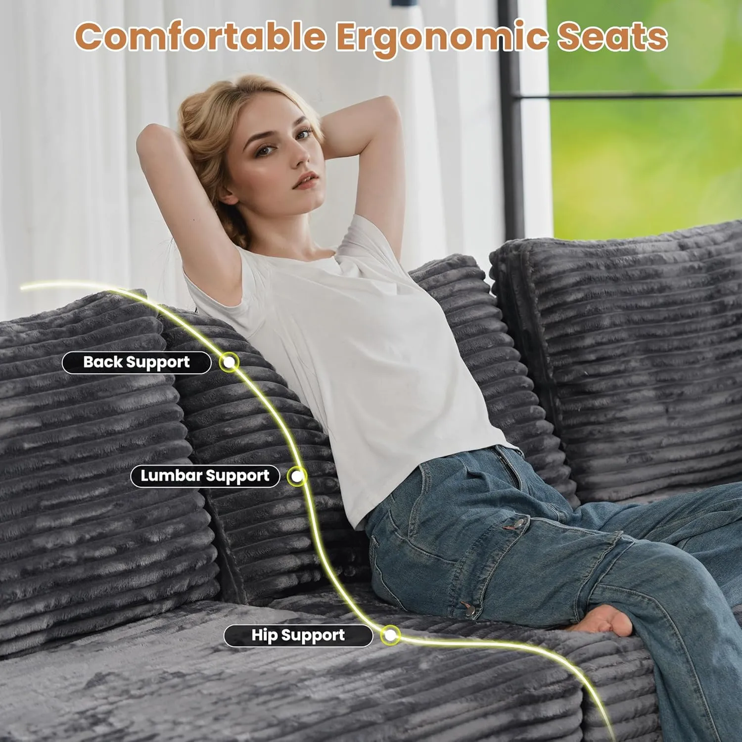 ovios 130.7" Modular Sectional Sofa Couch, U-Shaped Cloud Couches with Oversized Chaise, Modern Minimalist Deep Seat Plush Corduroy Sofas Set for Living Room, 7 Seater, Grey