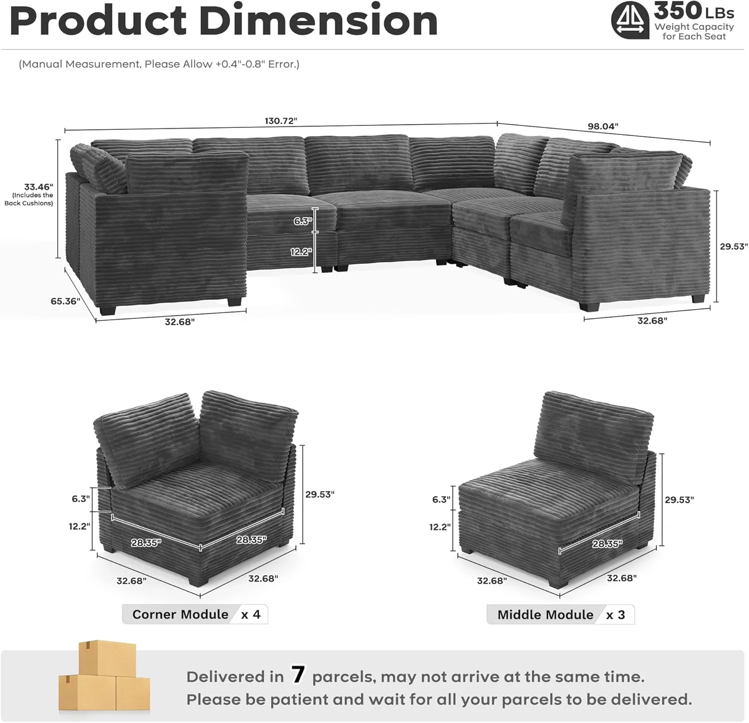 ovios 130.7" Modular Sectional Sofa Couch, U-Shaped Cloud Couches with Oversized Chaise, Modern Minimalist Deep Seat Plush Corduroy Sofas Set for Living Room, 7 Seater, Grey