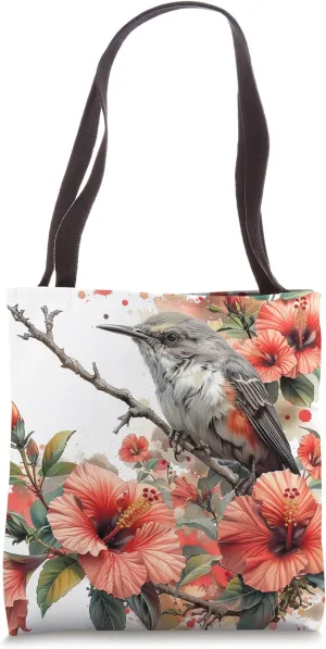 Pacific Wren Bird Paint Art Van Gogh Style Hibiscus Flower Tote Bag