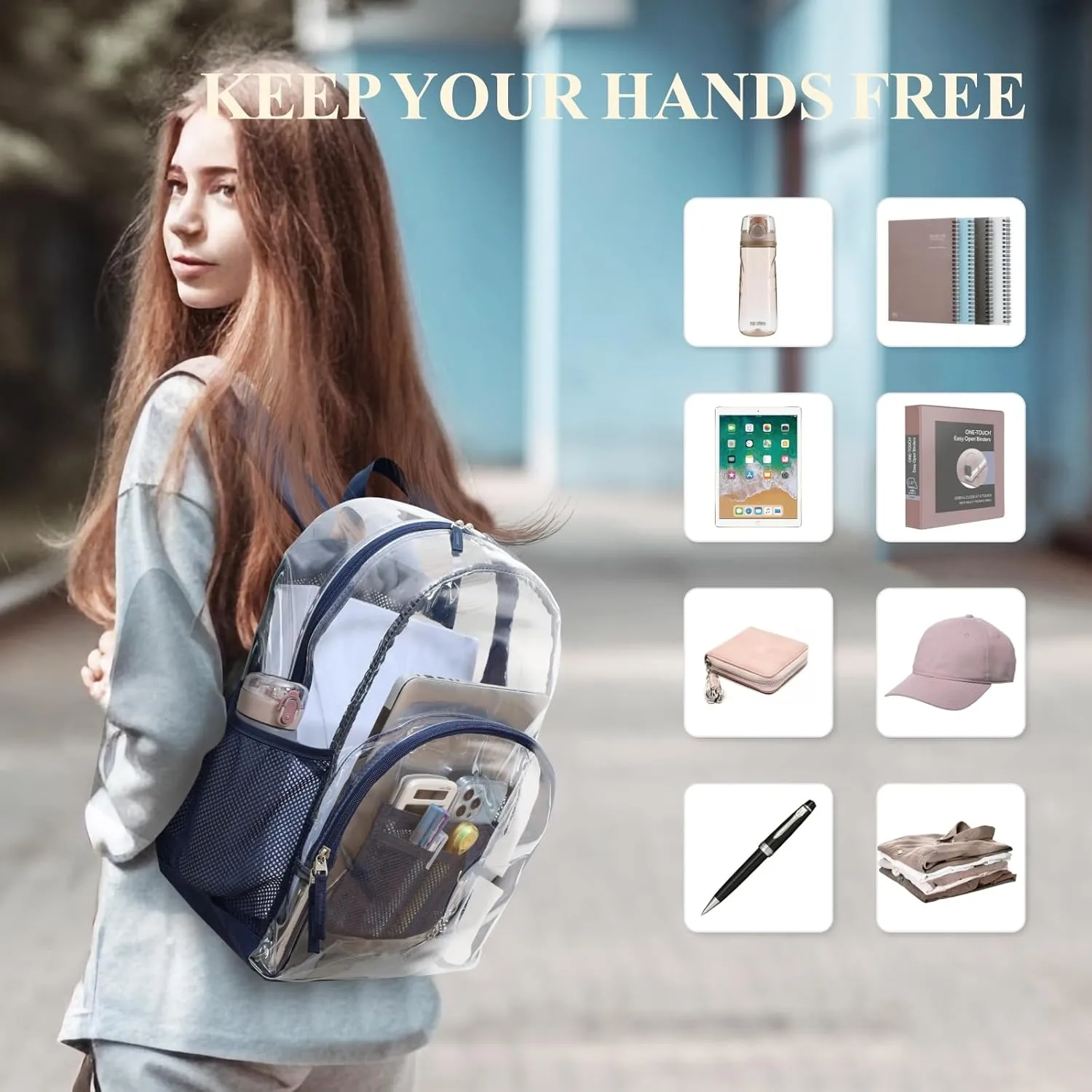 PACKISM Clear Backpack - Large Heavy Duty Transparent Backpacks for School, See Through Bookbag for Student, Work, Travel, Blue(for age 12 above)