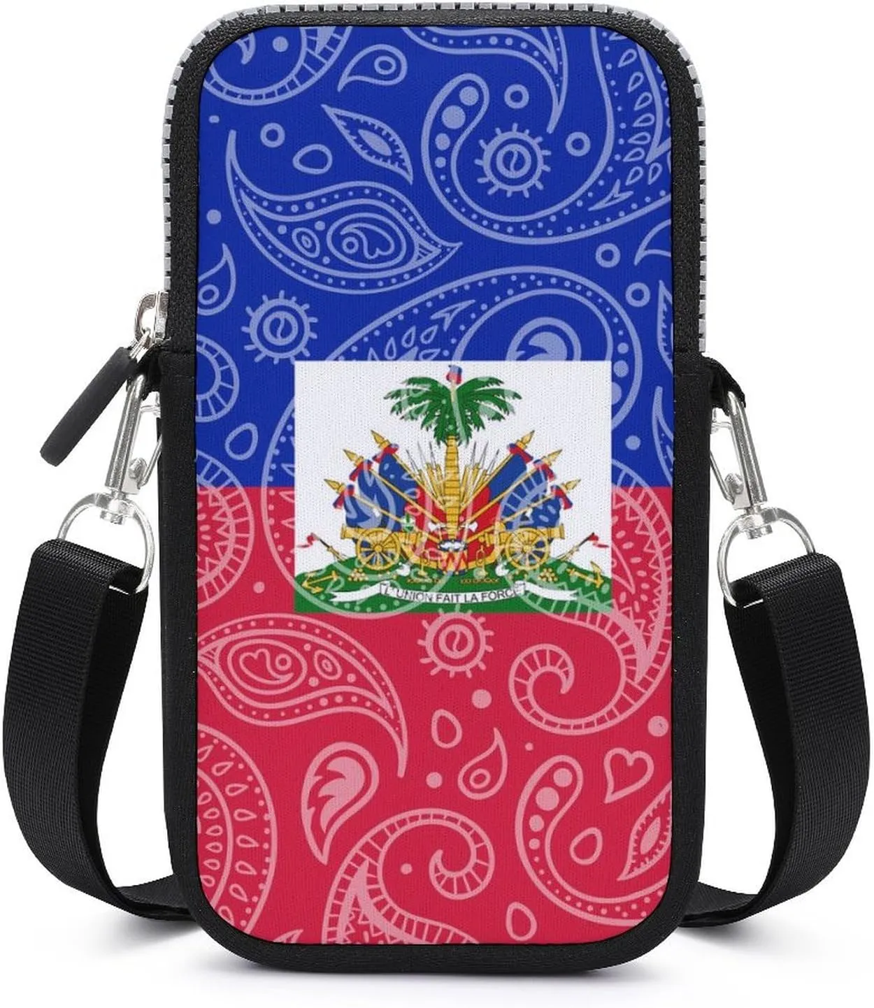 Paisley and Haiti Flag Women Crossbody Phone Purse Adjustable Strap Cell Phone Shoulder Bag Small Belt Bag