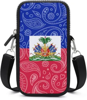 Paisley and Haiti Flag Women Crossbody Phone Purse Adjustable Strap Cell Phone Shoulder Bag Small Belt Bag