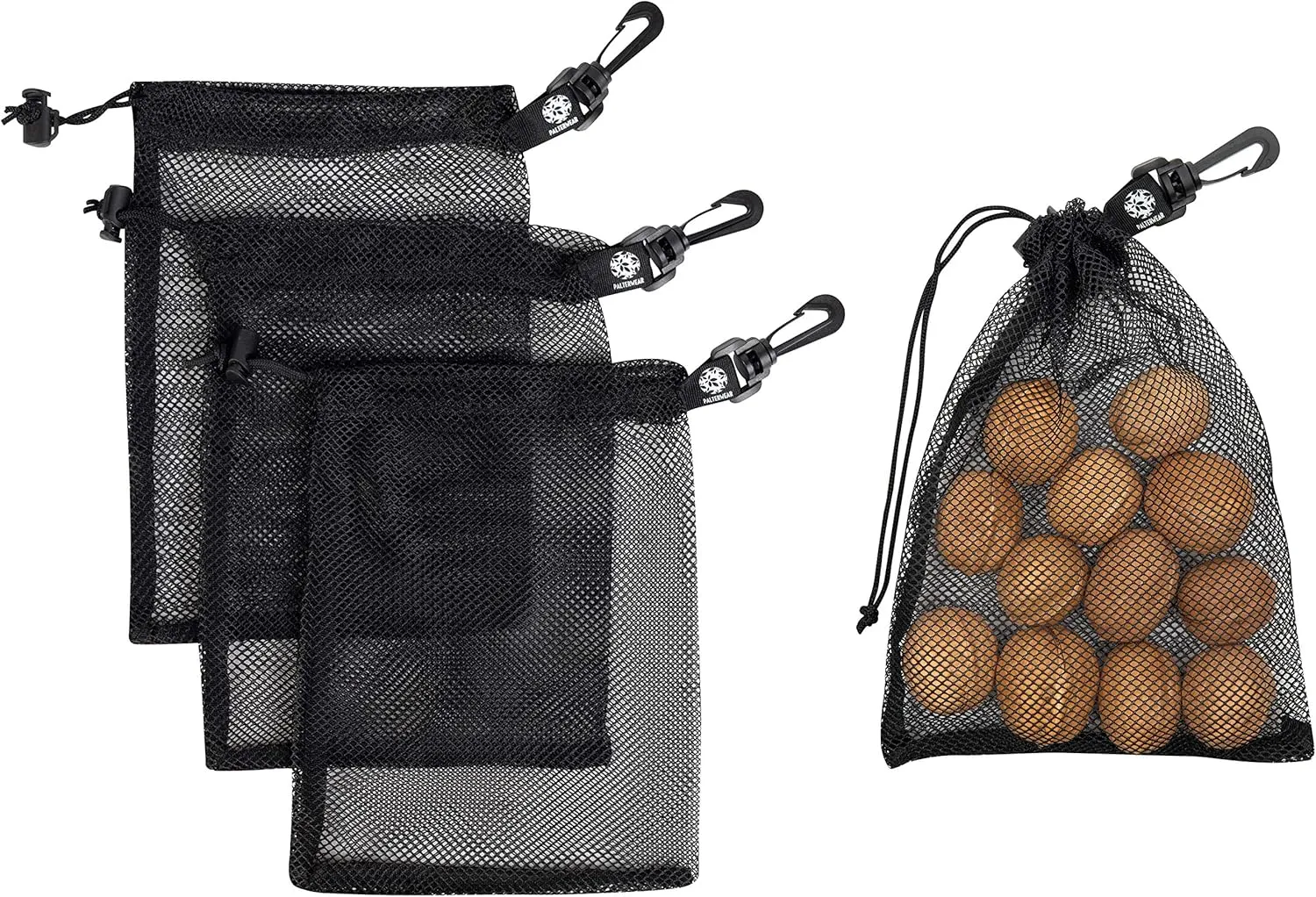 PALTERWEAR Mesh Drawstring Bag With Clip and Toggle Closure - For Watersports, Trekking, Sailing - Multi-Use Set of 4 (Black, 7 x 9 inch)