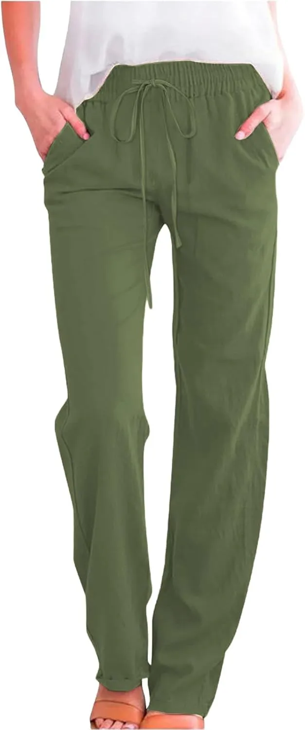 Pants for Women Cotton and Linen Relax Fit Elastic Waist Plus Size Solid Long Trousers 2025 Casual Comfortable Pants