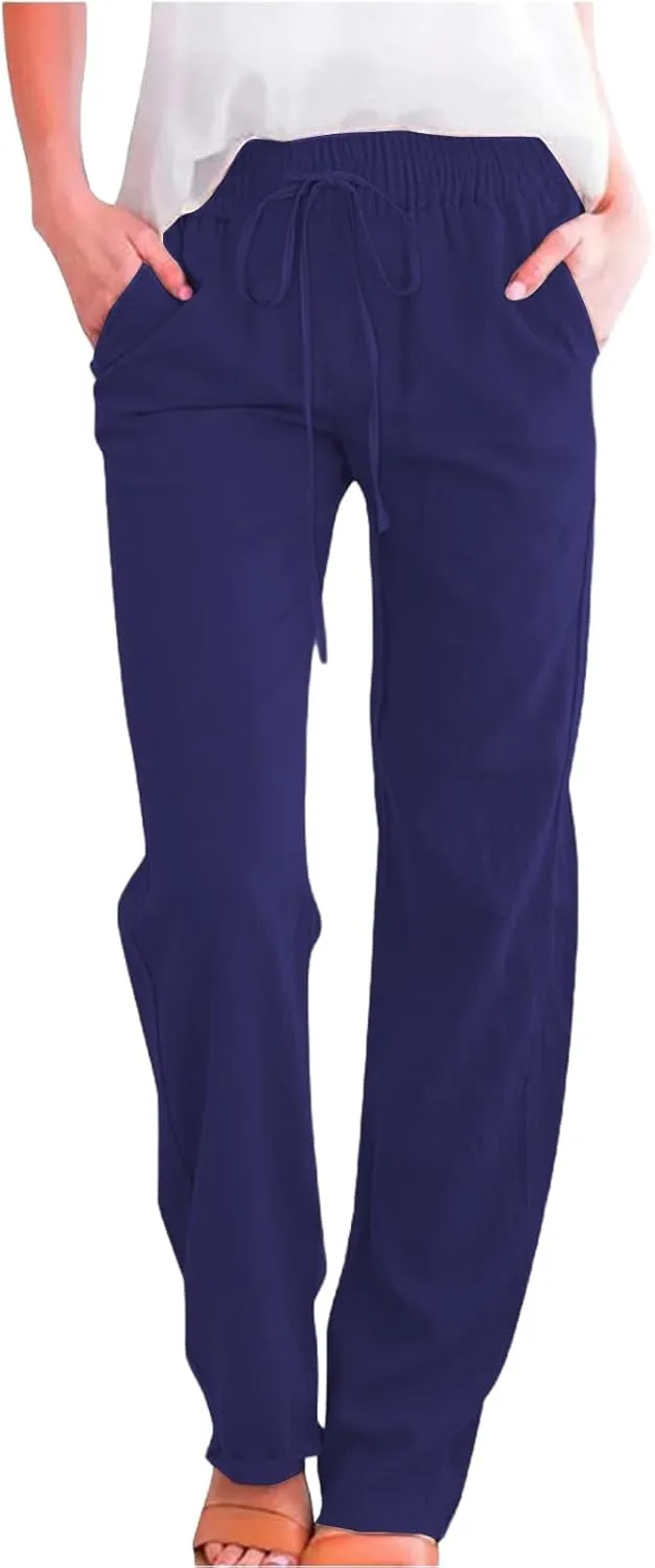 Pants for Women Cotton and Linen Relax Fit Elastic Waist Plus Size Solid Long Trousers 2025 Casual Comfortable Pants