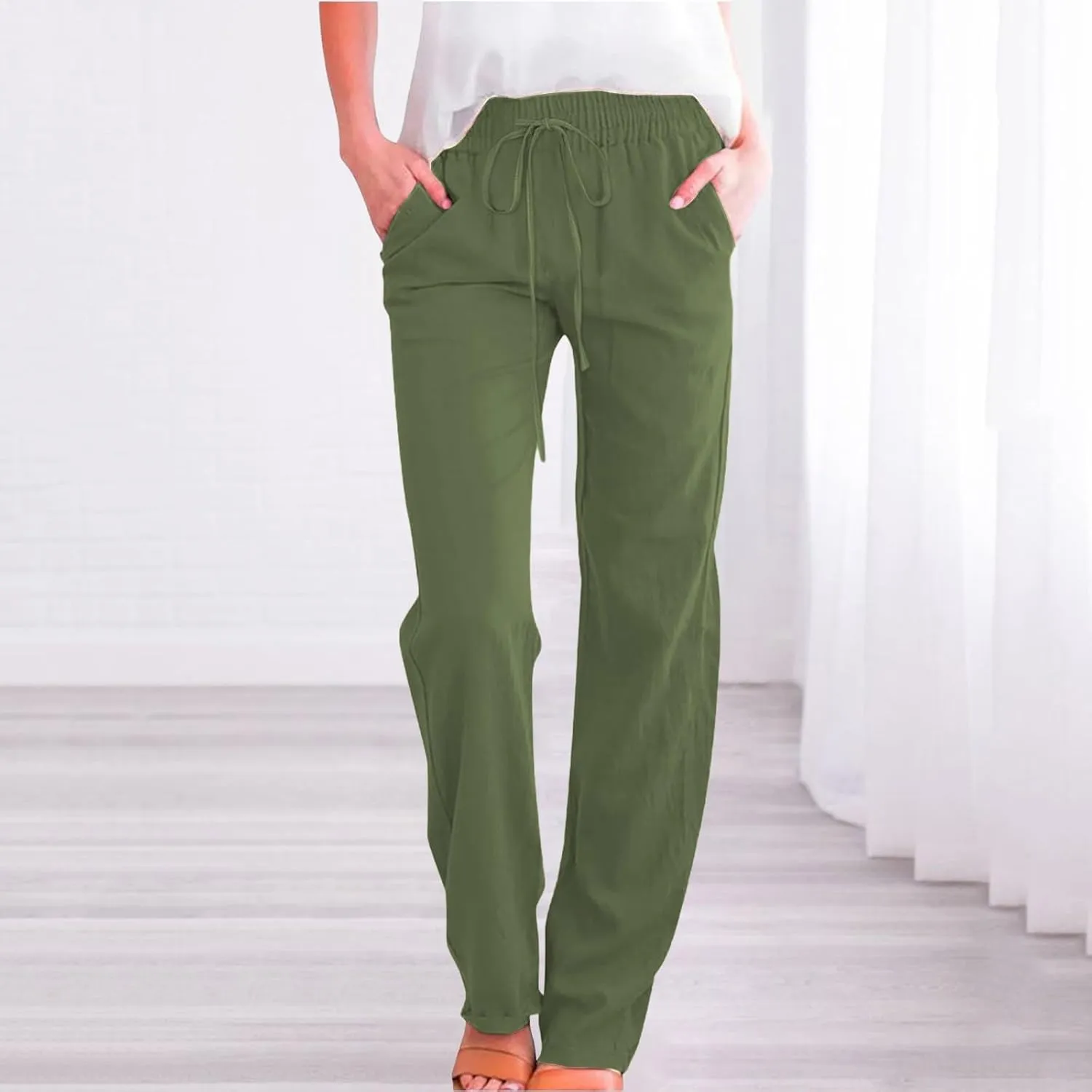 Pants for Women Cotton and Linen Relax Fit Elastic Waist Plus Size Solid Long Trousers 2025 Casual Comfortable Pants