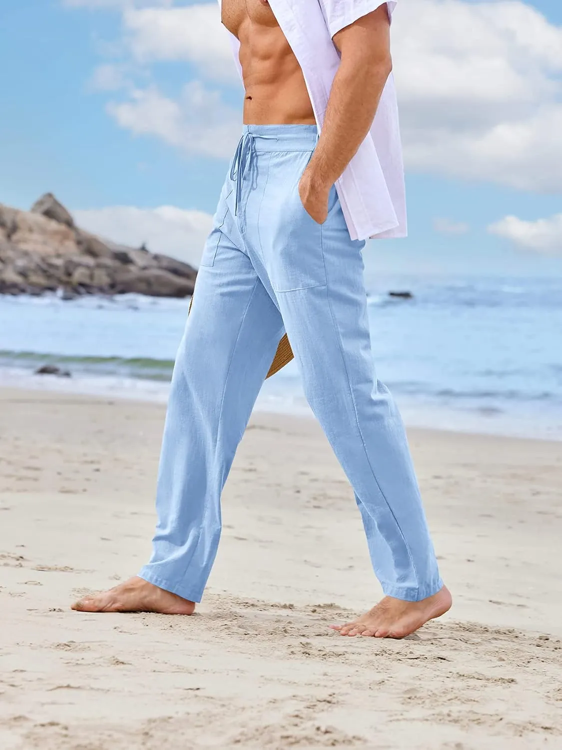 PASLTER Mens Casual Linen Pants Loose Fit Elastic Drawstring Waist Straight-Legs Summer Yoga Beach Long Pants