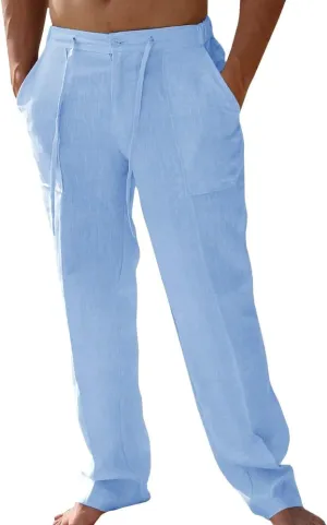 PASLTER Mens Casual Linen Pants Loose Fit Elastic Drawstring Waist Straight-Legs Summer Yoga Beach Long Pants