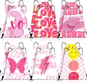 Paterr 12 Pcs Preppy Style Pink Party Favor Bags Drawstring Backpack Pink Party Decorations, Gym Drawstring Bags Preppy Birthday Decorations for Storage Gift Bag