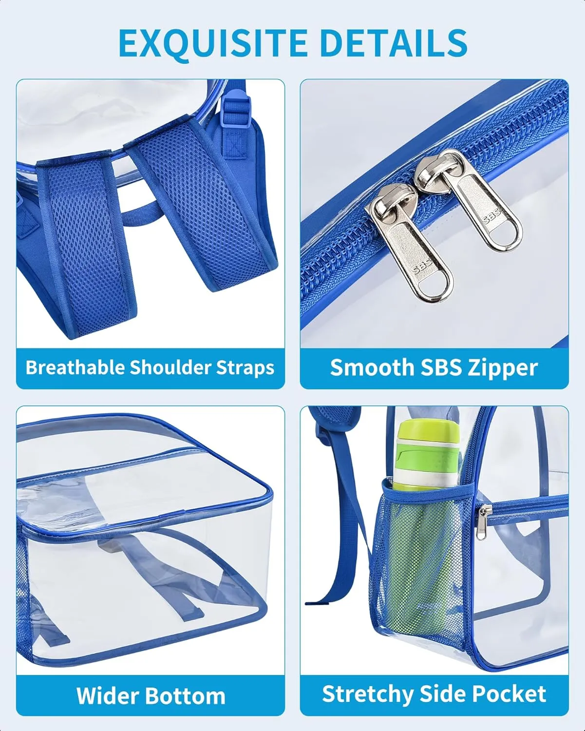 Paxiland Clear Backpack Stadium Approved 12×12×6 with Reinforced and Wider Shoulder Straps, Small Clear Bag for Schools, Concerts, Work, Festivals and Sporting Events - Blue