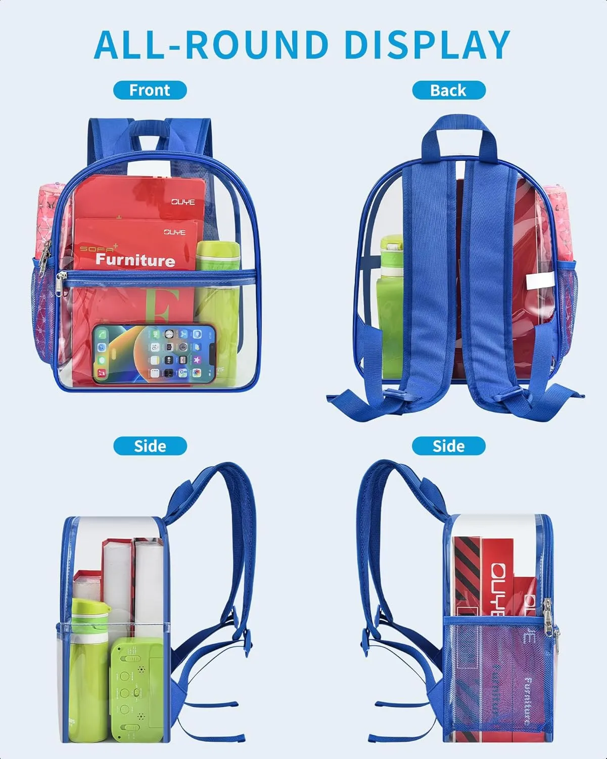Paxiland Clear Backpack Stadium Approved 12×12×6 with Reinforced and Wider Shoulder Straps, Small Clear Bag for Schools, Concerts, Work, Festivals and Sporting Events - Blue