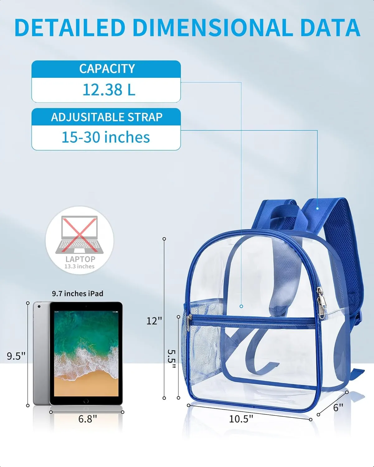 Paxiland Clear Backpack Stadium Approved 12×12×6 with Reinforced and Wider Shoulder Straps, Small Clear Bag for Schools, Concerts, Work, Festivals and Sporting Events - Blue