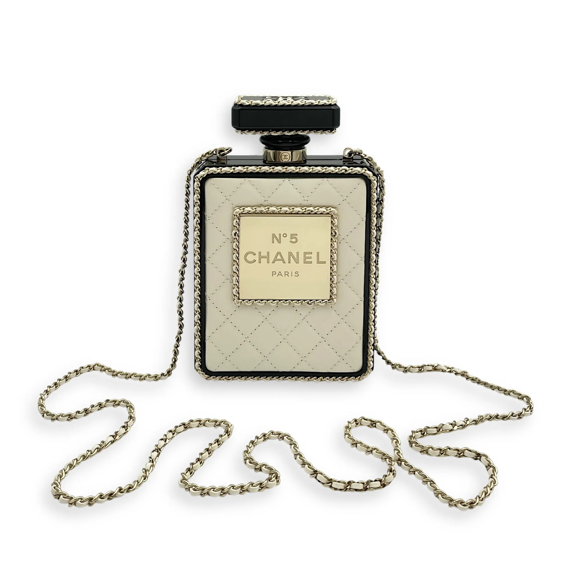 Perfume Minaudiere White/Black Crossbody Bag, Gold hardware