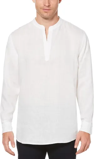 Perry Ellis Men's Long Sleeve 100% Linen Popover Shirt with Banded Collar, Solid Lightweight & Breathable Fabric, Versatile