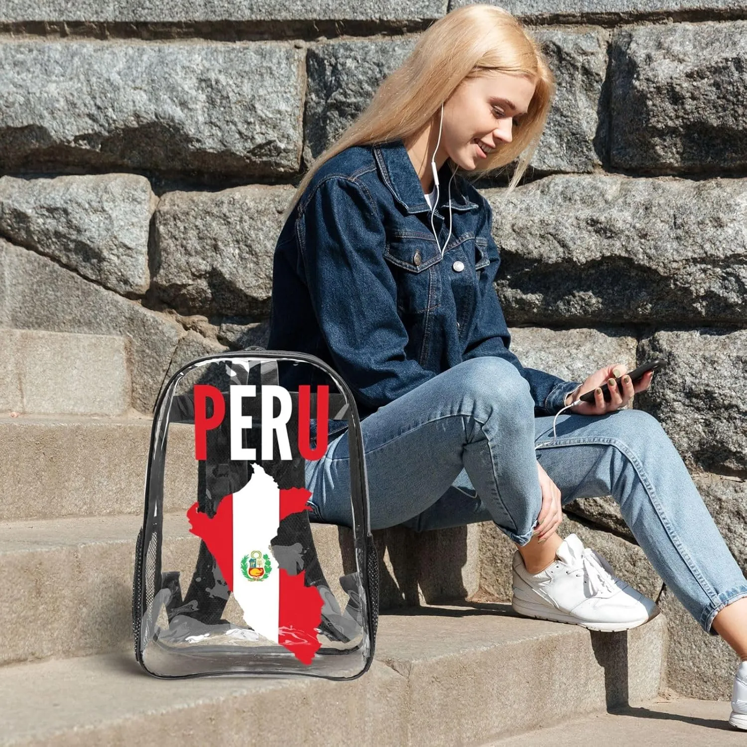 Peruvian Peru Flag 16 Inch Clear PVC Backpacks Transparent Backpack Multipurpose Double Shoulder Bag for Men Women Gifts