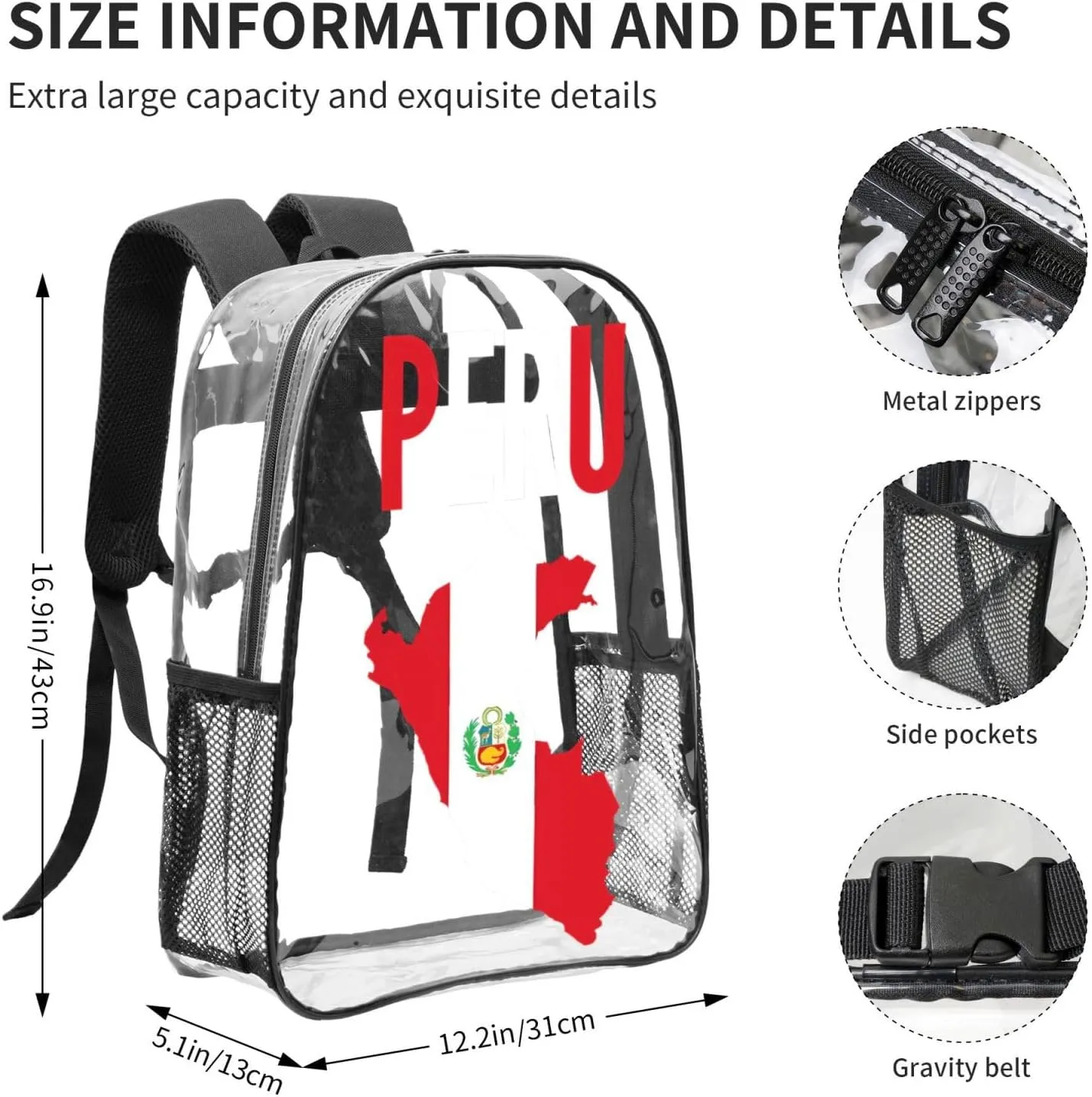 Peruvian Peru Flag 16 Inch Clear PVC Backpacks Transparent Backpack Multipurpose Double Shoulder Bag for Men Women Gifts
