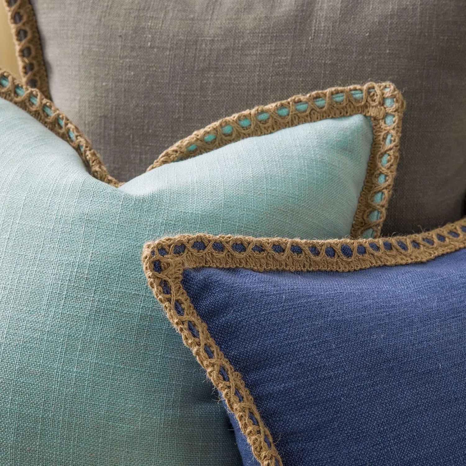 Phantoscope Farmhouse Solid Throw Decorative Pillow Cover Burlap Linen Trimmed Tailored Edges Outdoor Pillow Light Turquoise 20 x 20 inches, 50 x 50 cm, Pack of 1