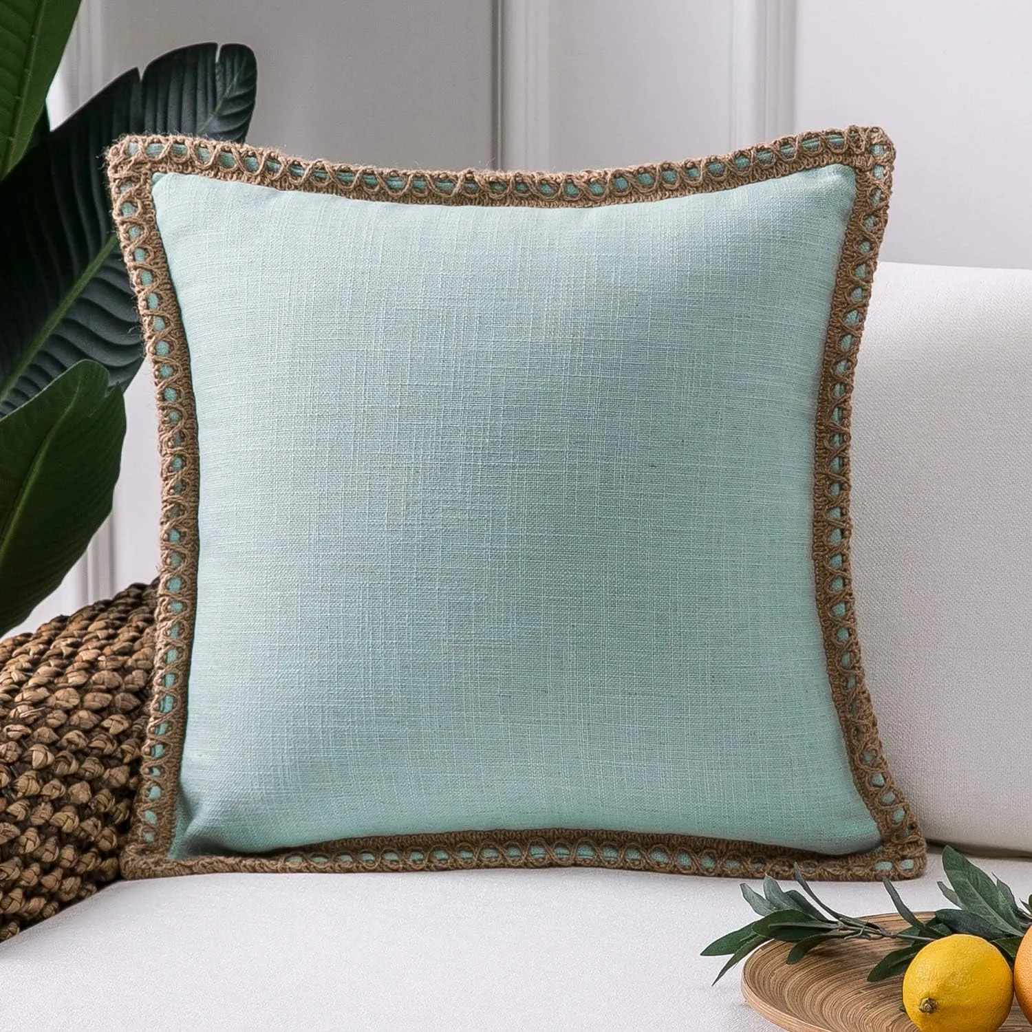 Phantoscope Farmhouse Solid Throw Decorative Pillow Cover Burlap Linen Trimmed Tailored Edges Outdoor Pillow Light Turquoise 20 x 20 inches, 50 x 50 cm, Pack of 1