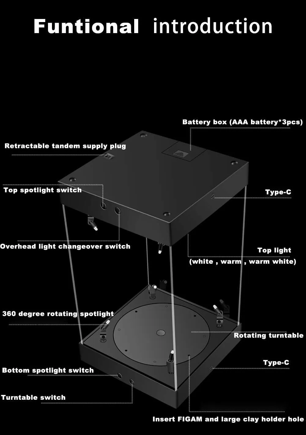 Phicen 1/6 Action Figure Display Box LED Spotlight with Rotating Base (Black, Internal Height 40CM)
