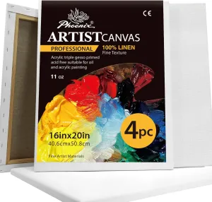 PHOENIX Large Belgian Linen Canvas for Oil Painting - 16x20 Inch/4 Pack Smooth Texture, 3/4 Inch Profile - 11 Oz Triple Primed Blank Professional Stretched Archival Canvases for Acrylic Paints