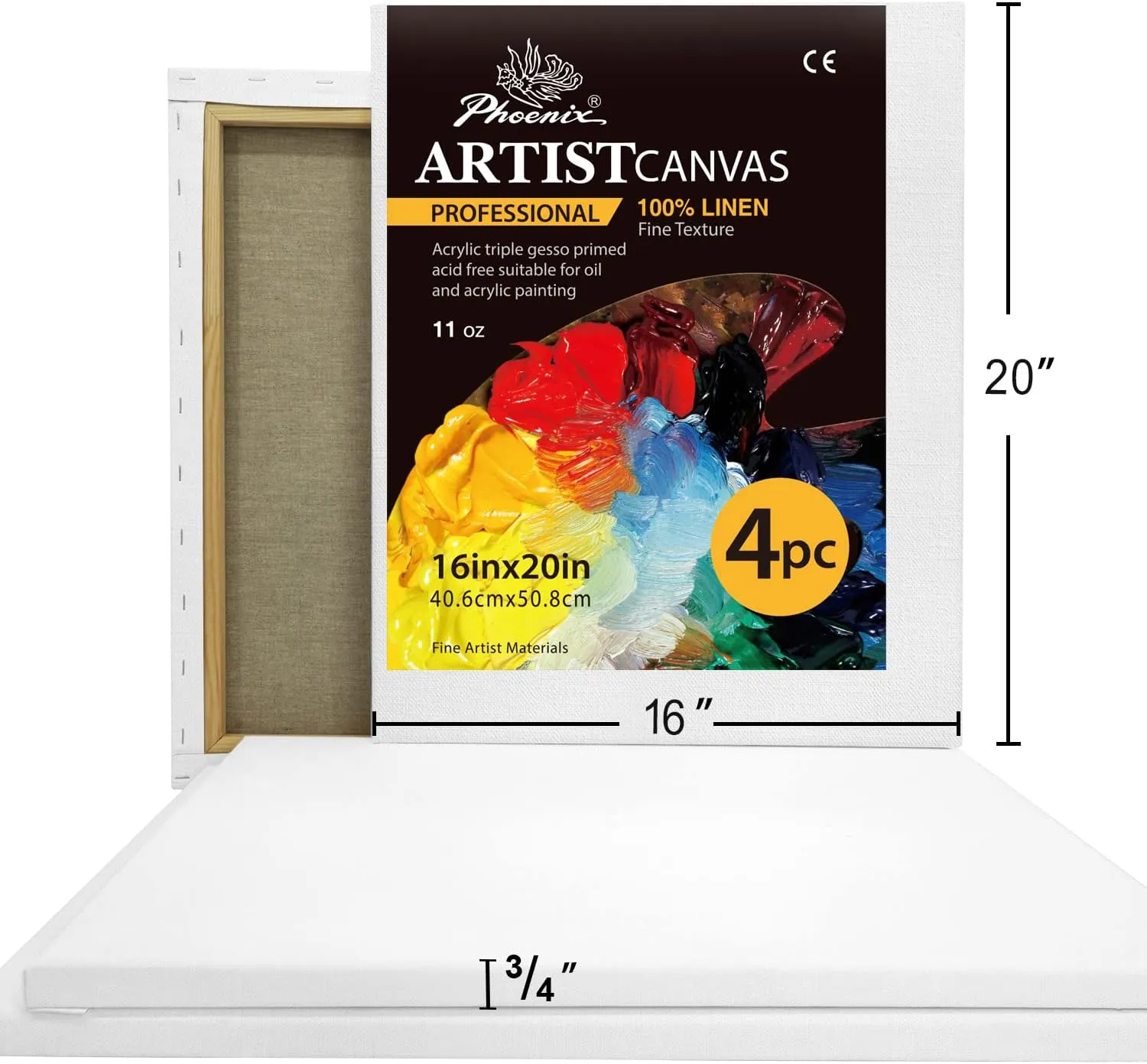 PHOENIX Large Belgian Linen Canvas for Oil Painting - 16x20 Inch/4 Pack Smooth Texture, 3/4 Inch Profile - 11 Oz Triple Primed Blank Professional Stretched Archival Canvases for Acrylic Paints