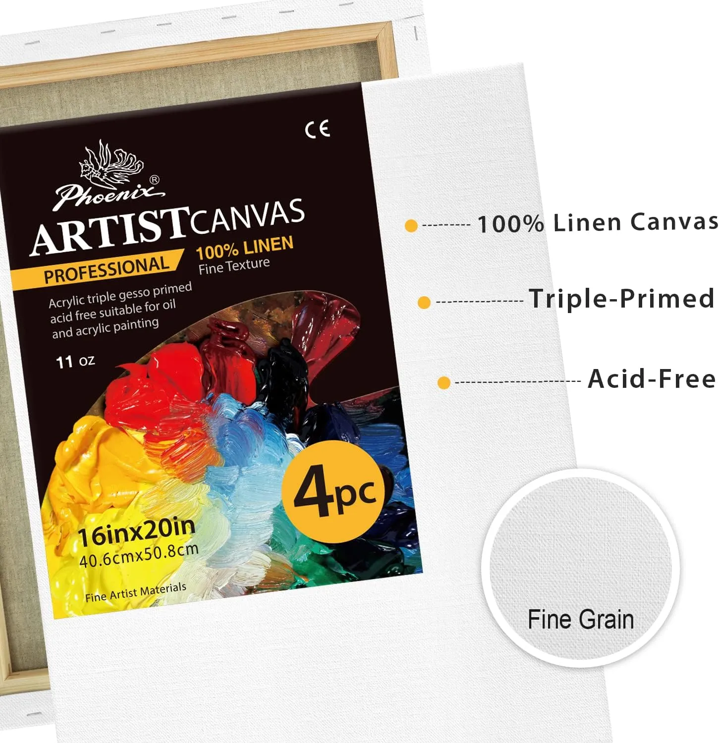 PHOENIX Large Belgian Linen Canvas for Oil Painting - 16x20 Inch/4 Pack Smooth Texture, 3/4 Inch Profile - 11 Oz Triple Primed Blank Professional Stretched Archival Canvases for Acrylic Paints