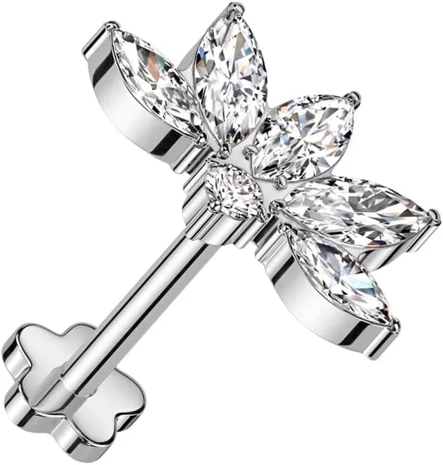 Pierced Owl 18GA F136 Implant Grade Titanium CZ Crystal Lotus Flower Marquise Threadless Push-In Flower Base Labret Stud