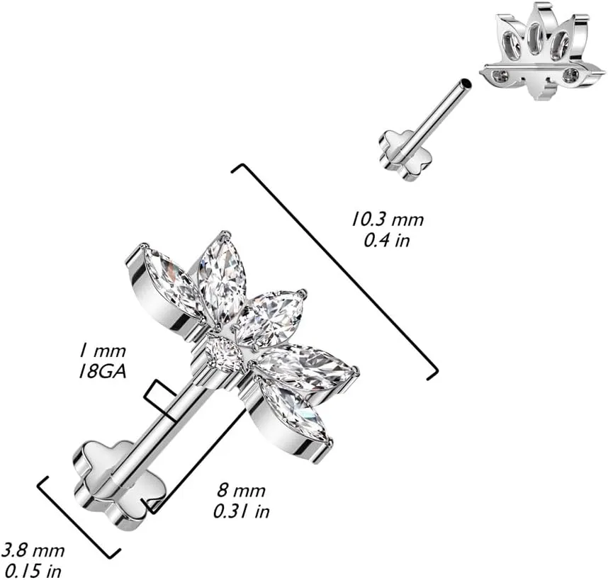 Pierced Owl 18GA F136 Implant Grade Titanium CZ Crystal Lotus Flower Marquise Threadless Push-In Flower Base Labret Stud