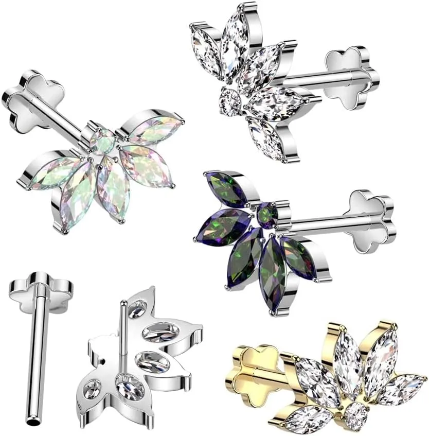 Pierced Owl 18GA F136 Implant Grade Titanium CZ Crystal Lotus Flower Marquise Threadless Push-In Flower Base Labret Stud