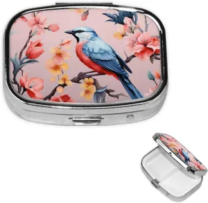 Pill Case with Mirror Retro 2 Compartment Pill Box Flower Birds Small Pill Organizer for Purse or Pocket Decorative Metal Medicine Vitamin Organizer Unique Gifts