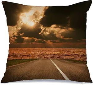Pillow Cover Decorative Pillowcase Ocean Morning Yellow Highway Straight Road Sunset Landscape Trip Nature Sunlight Textures Roadway Linen Comfortable Square Cushion Case for Car Couch 16x16 Inch
