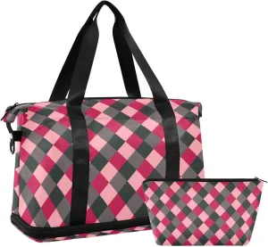 Pink Black Rhombus Versatile Sports Travel Bag - Lasting Twill Tote, Removable Wheel & Rod Bagging, Multi-pocket Design, Complimentary Makeup Bag