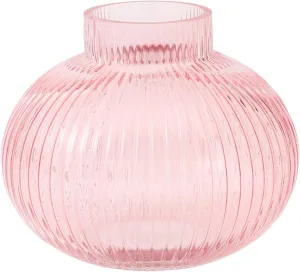 Pink Glass Vase for Flowers, Ribbed Glass Vase, Round Flower Vases for Tulips, Short Vases for Living Room, Office, Coffee Table, Shelf, Wedding, 6 Inches