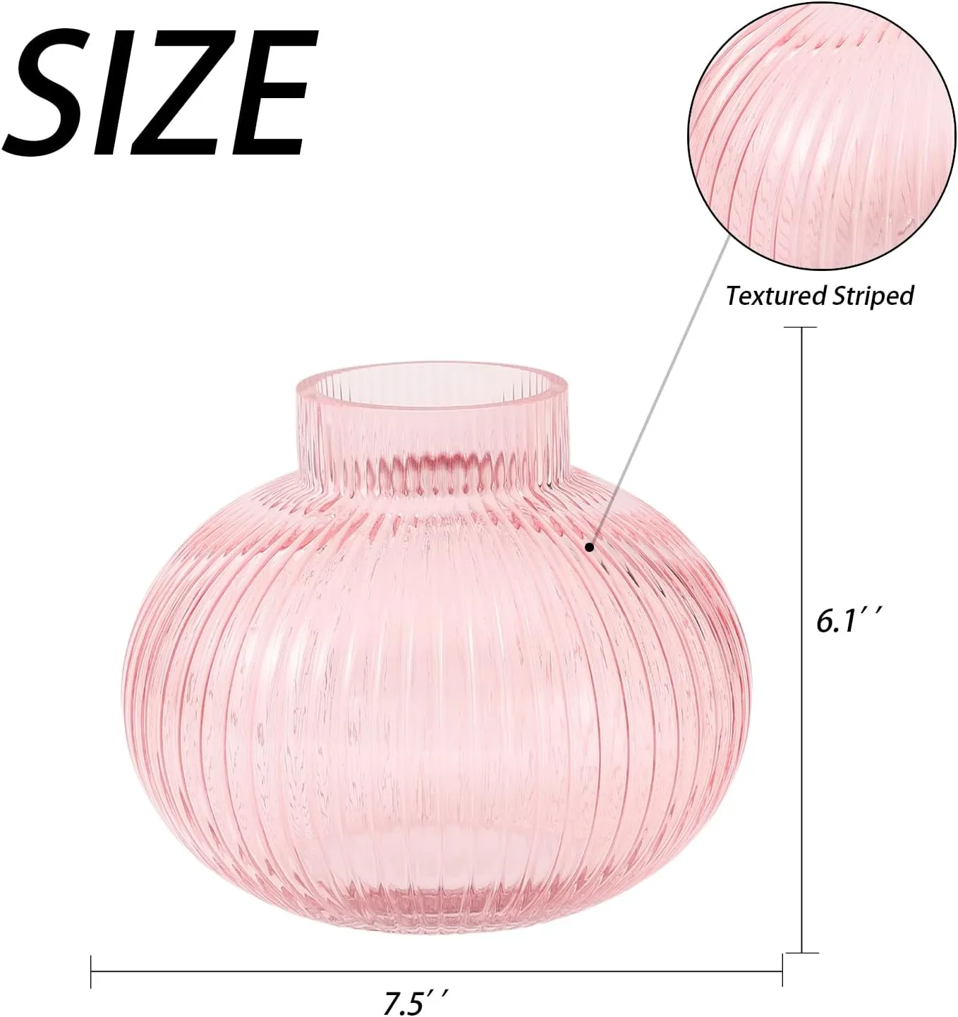 Pink Glass Vase for Flowers, Ribbed Glass Vase, Round Flower Vases for Tulips, Short Vases for Living Room, Office, Coffee Table, Shelf, Wedding, 6 Inches