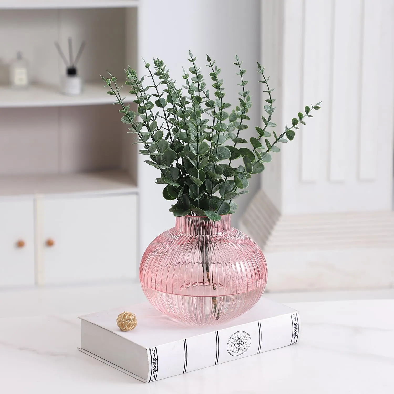 Pink Glass Vase for Flowers, Ribbed Glass Vase, Round Flower Vases for Tulips, Short Vases for Living Room, Office, Coffee Table, Shelf, Wedding, 6 Inches