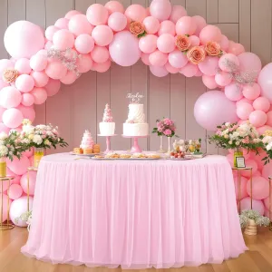Pink Tulle Tablecloths Fitted 72 Inch Round Tutu Table Skirt Ruffle Spandex Pink Round Table Cloth Wrinkle Free Stretch Tulle Cover for Wedding Girls Birthday Baby Bridal Shower Party Cake