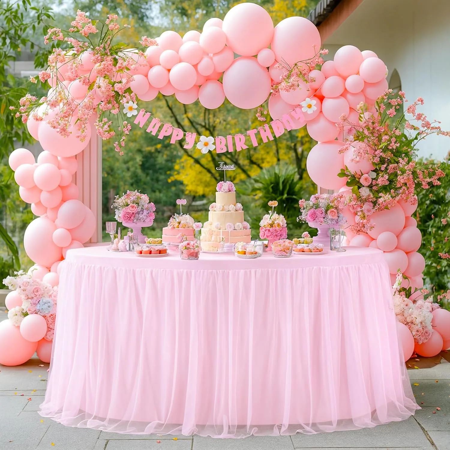 Pink Tulle Tablecloths Fitted 72 Inch Round Tutu Table Skirt Ruffle Spandex Pink Round Table Cloth Wrinkle Free Stretch Tulle Cover for Wedding Girls Birthday Baby Bridal Shower Party Cake