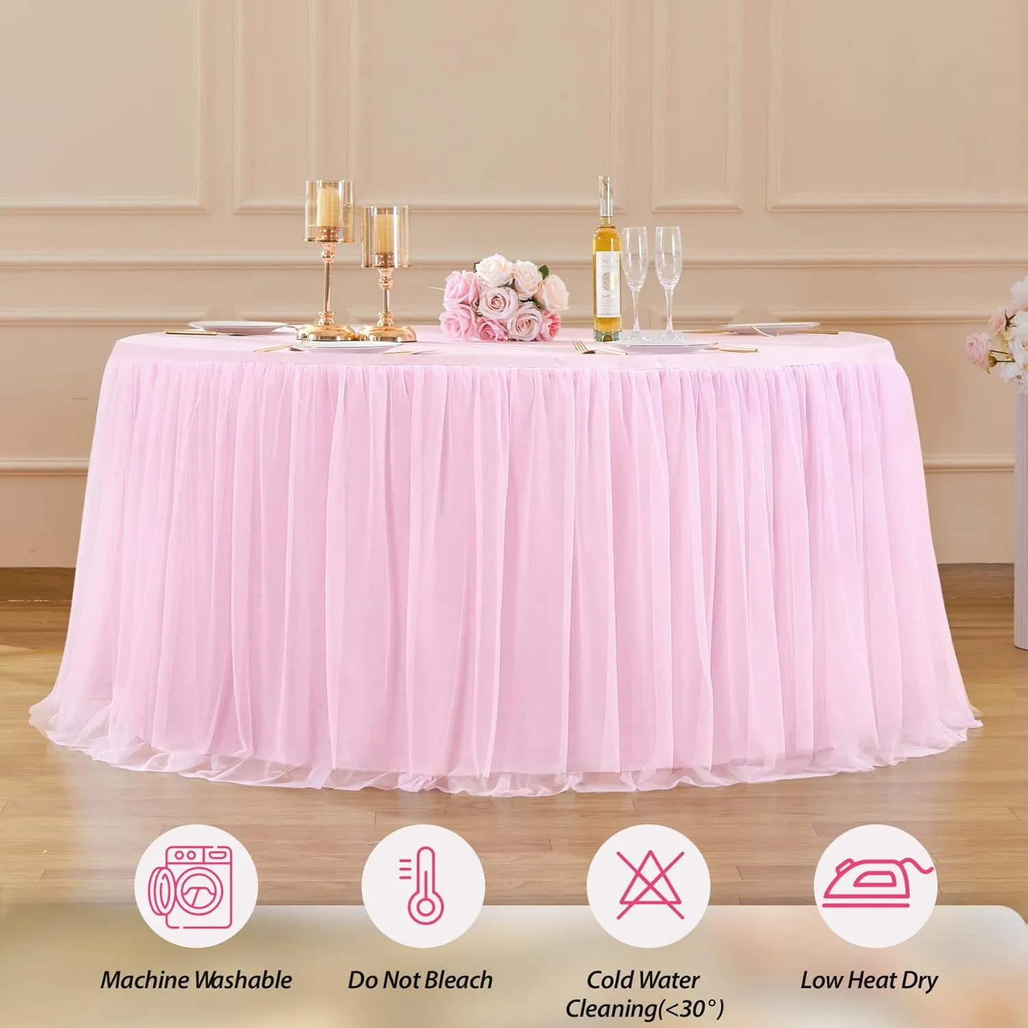 Pink Tulle Tablecloths Fitted 72 Inch Round Tutu Table Skirt Ruffle Spandex Pink Round Table Cloth Wrinkle Free Stretch Tulle Cover for Wedding Girls Birthday Baby Bridal Shower Party Cake