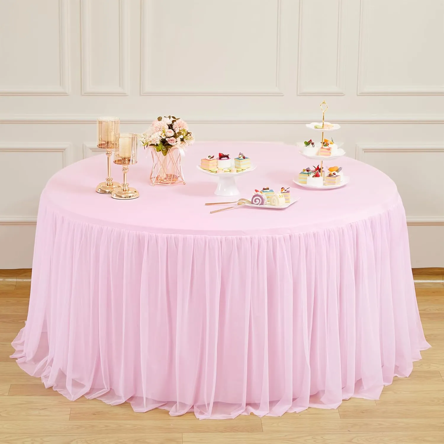 Pink Tulle Tablecloths Fitted 72 Inch Round Tutu Table Skirt Ruffle Spandex Pink Round Table Cloth Wrinkle Free Stretch Tulle Cover for Wedding Girls Birthday Baby Bridal Shower Party Cake