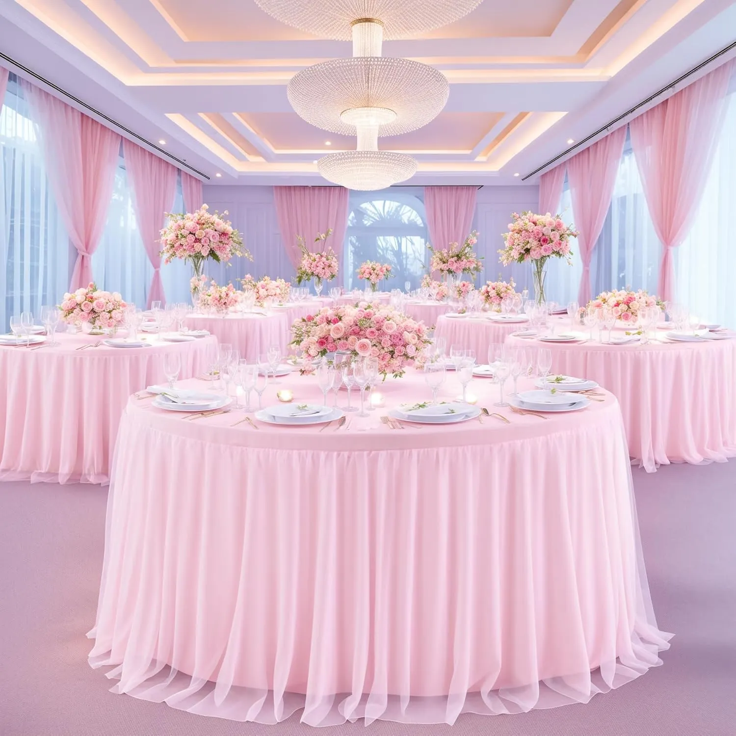 Pink Tulle Tablecloths Fitted 72 Inch Round Tutu Table Skirt Ruffle Spandex Pink Round Table Cloth Wrinkle Free Stretch Tulle Cover for Wedding Girls Birthday Baby Bridal Shower Party Cake