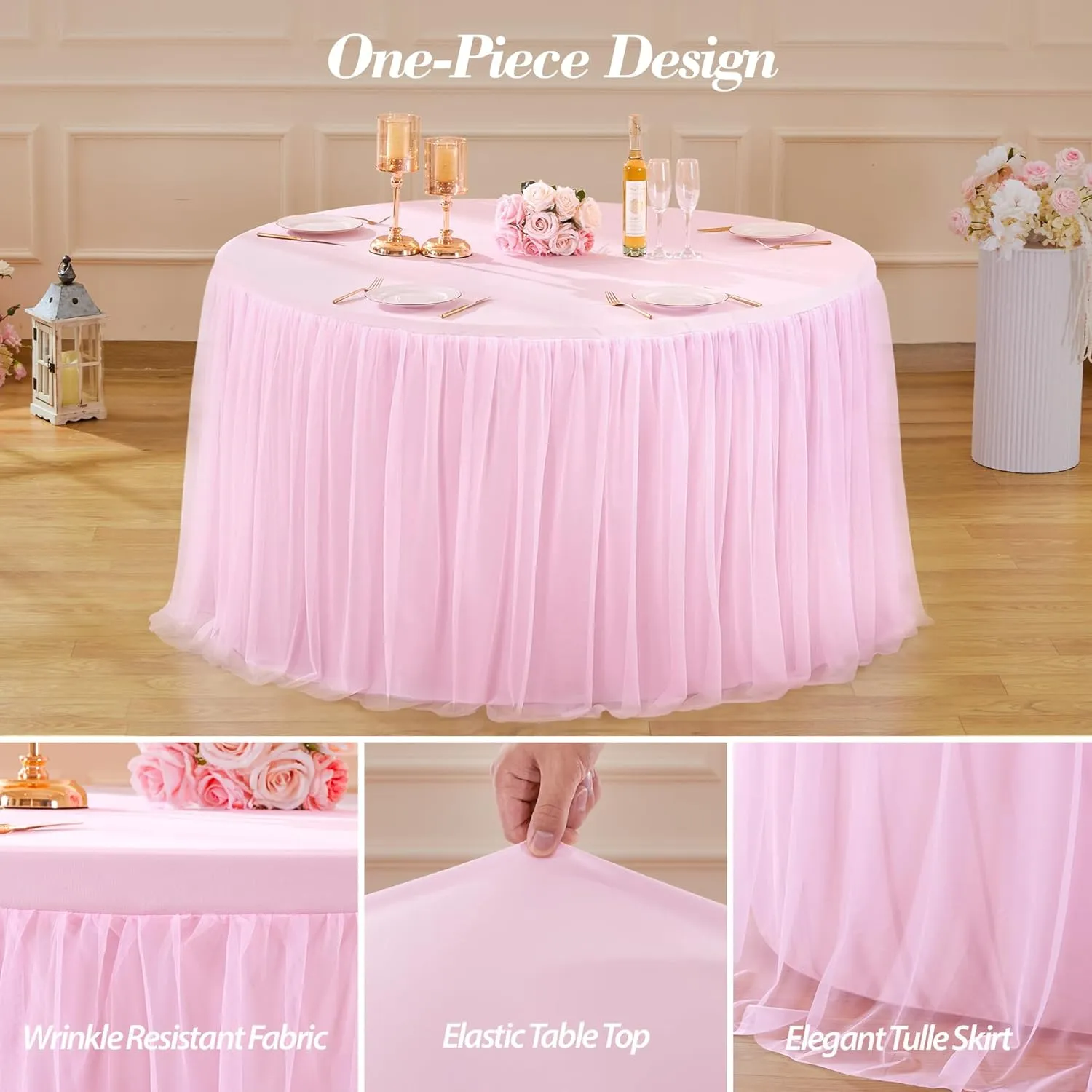 Pink Tulle Tablecloths Fitted 72 Inch Round Tutu Table Skirt Ruffle Spandex Pink Round Table Cloth Wrinkle Free Stretch Tulle Cover for Wedding Girls Birthday Baby Bridal Shower Party Cake