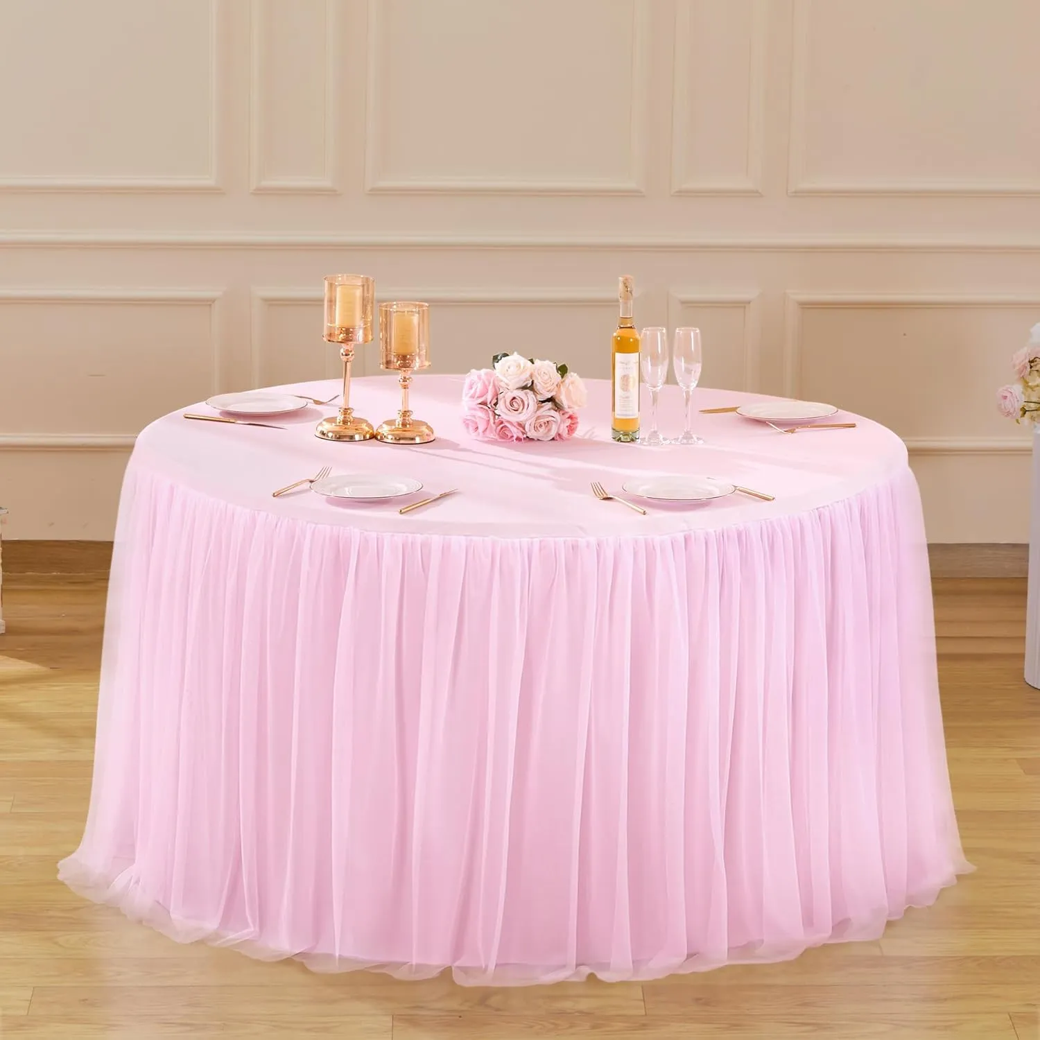 Pink Tulle Tablecloths Fitted 72 Inch Round Tutu Table Skirt Ruffle Spandex Pink Round Table Cloth Wrinkle Free Stretch Tulle Cover for Wedding Girls Birthday Baby Bridal Shower Party Cake