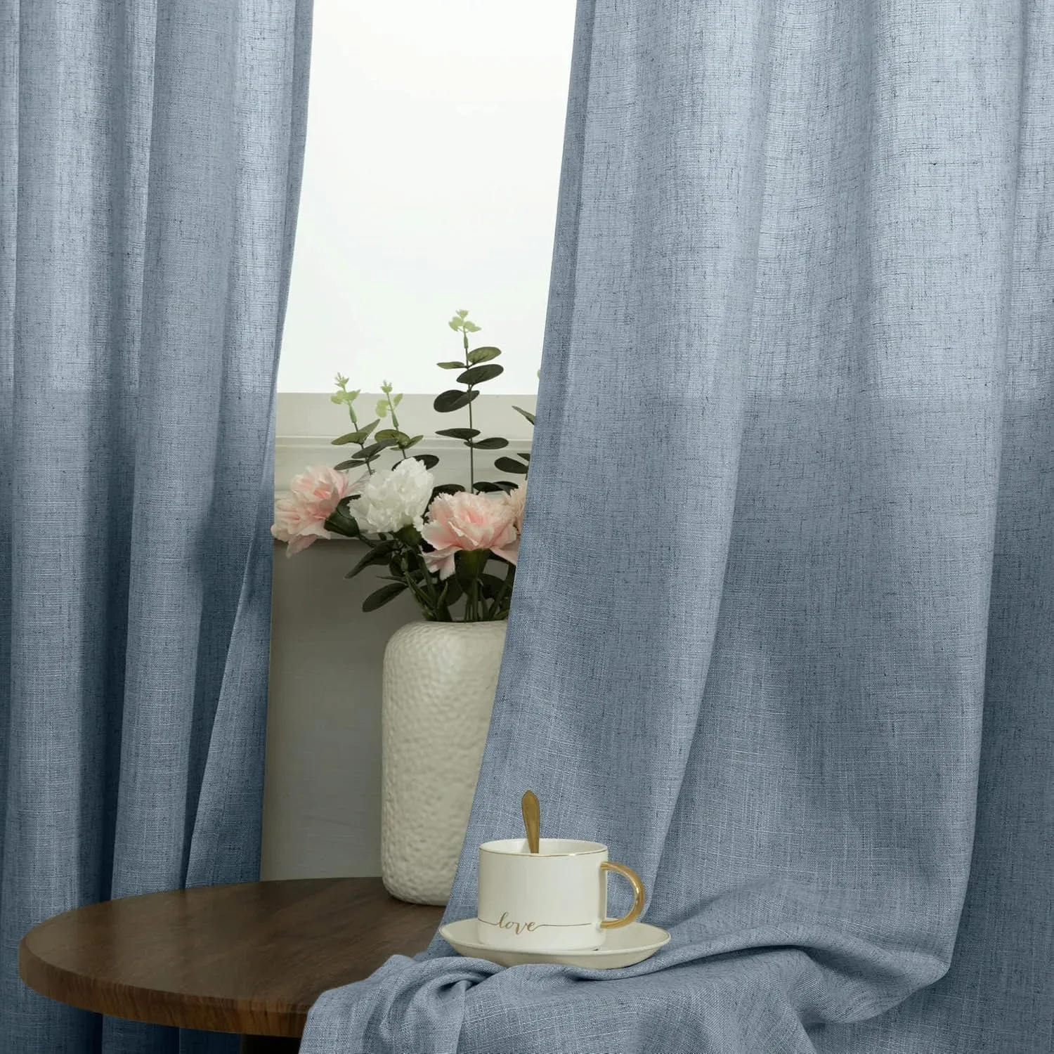 Pitalk Blue Curtains 108 Inches Long for Sliding Glass Door 2 Panels Set Grommet Linen Light Fitering Semi Sheer Curtains for Living Room Back Door Backyard 52x108 Inch Length Grey Dusty Blue